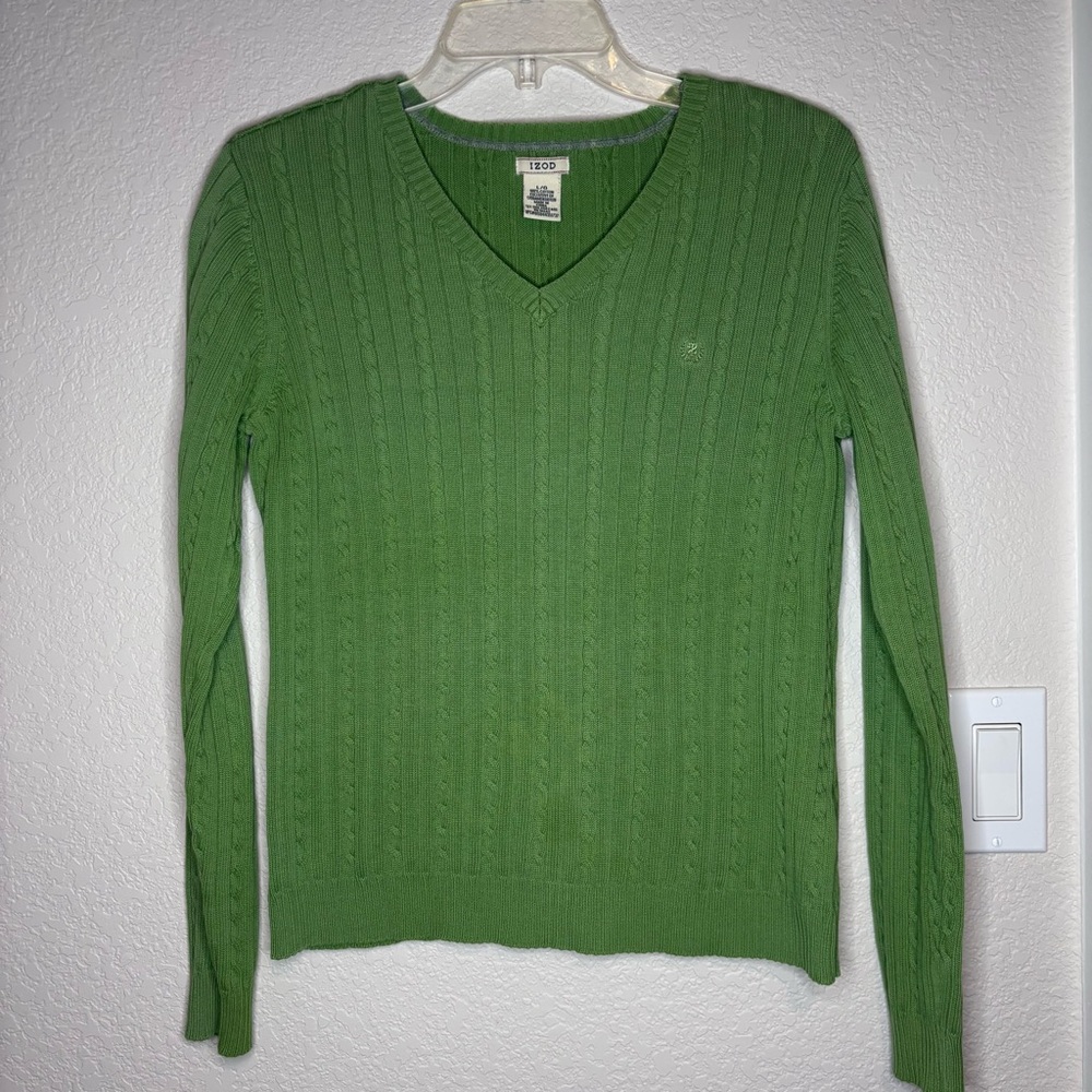 Vintage Izod Light Green 100% Cotton Cable Knit‎ V-Neck Sweater, preppy